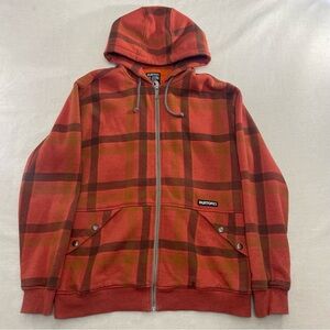 Y2K BURTON Heavy Sherpa Fleece Insulated Orange Plaid Hoodie Jacket Pockets Sz L